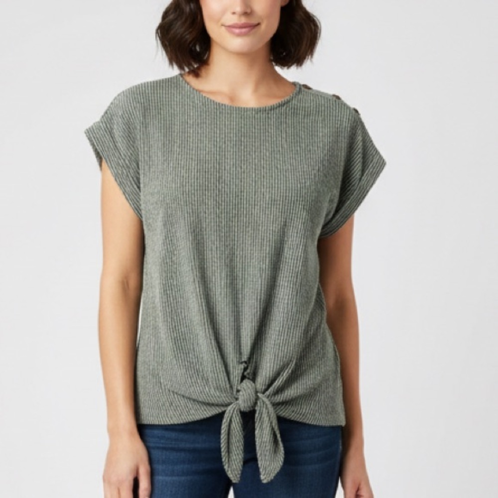 Set the Stage Green Ribbed Knit Tie Front Top Button Shoulder Size Large